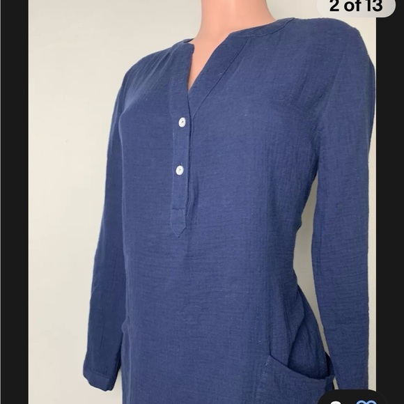 Soft Surroundings Navy Blue Cotton Top Tunic Size S 2 button Long Sleeve V-neck - Picture 3 of 12